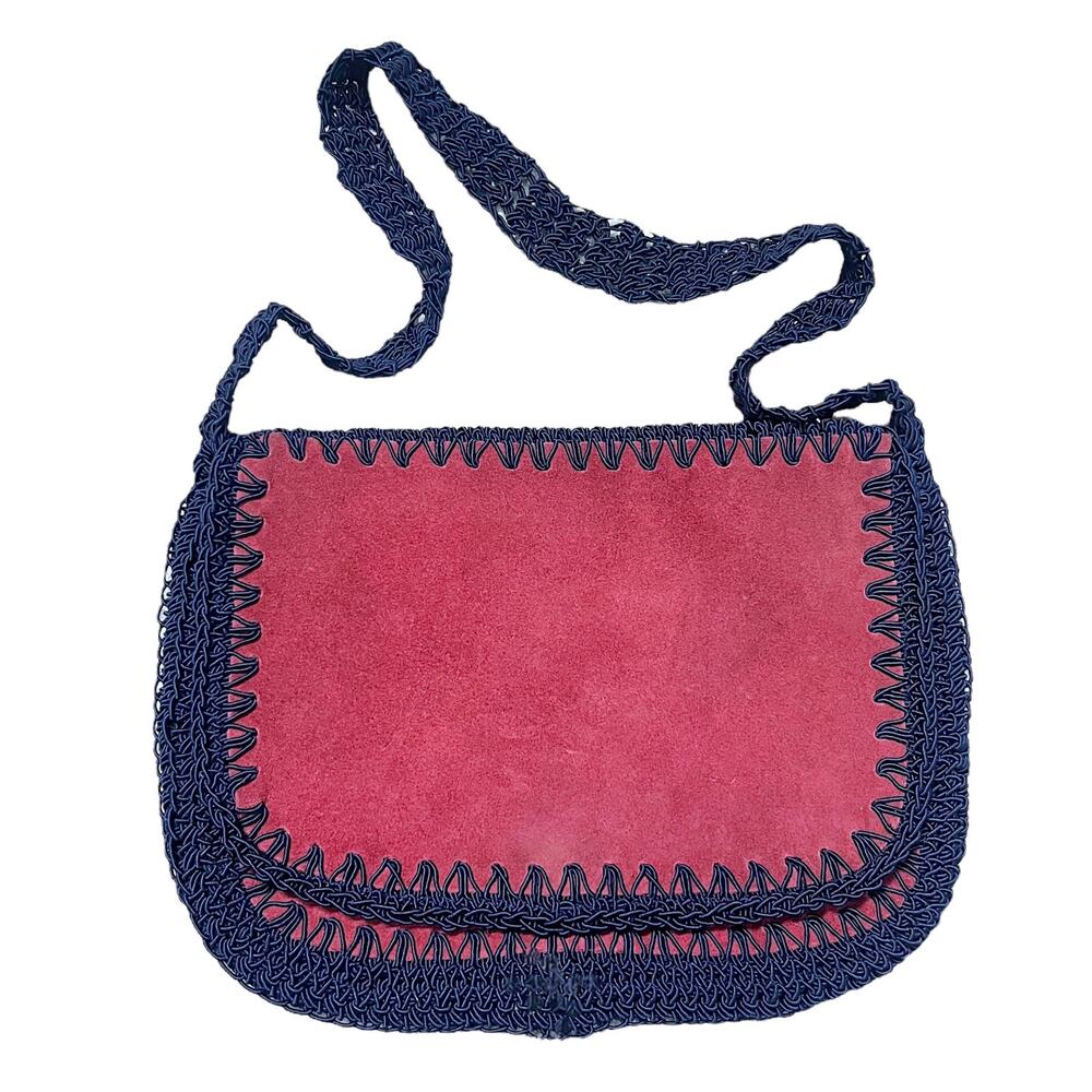 Vintage Burgundy Suede & Navy Crocheted Purse 1960 1970s Made in Italy for Sears